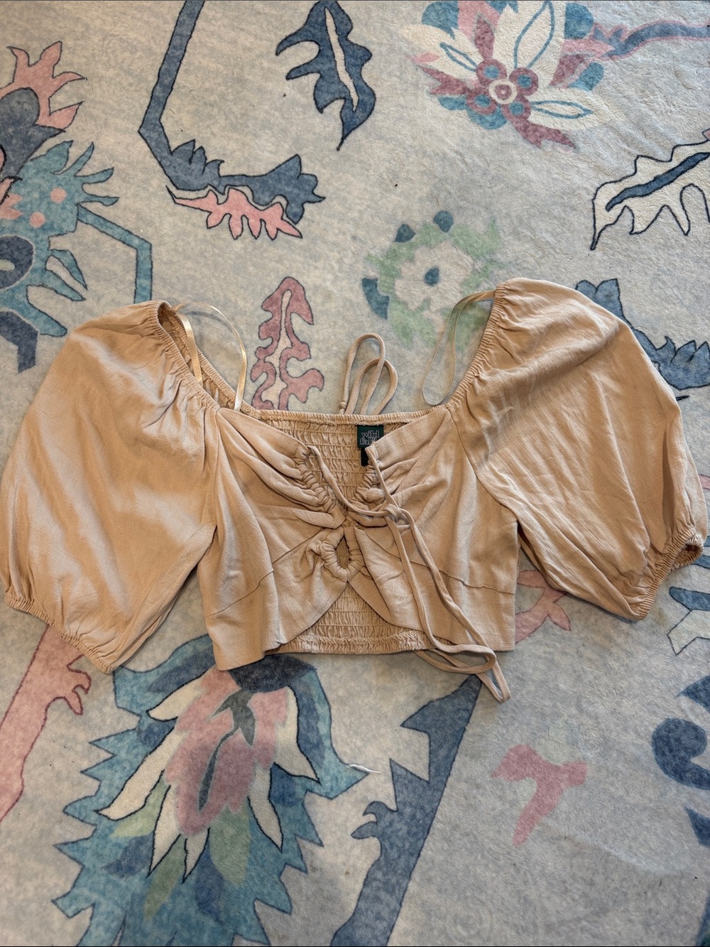 wild fable Beige Tie-Front Puff Sleeve Crop Top